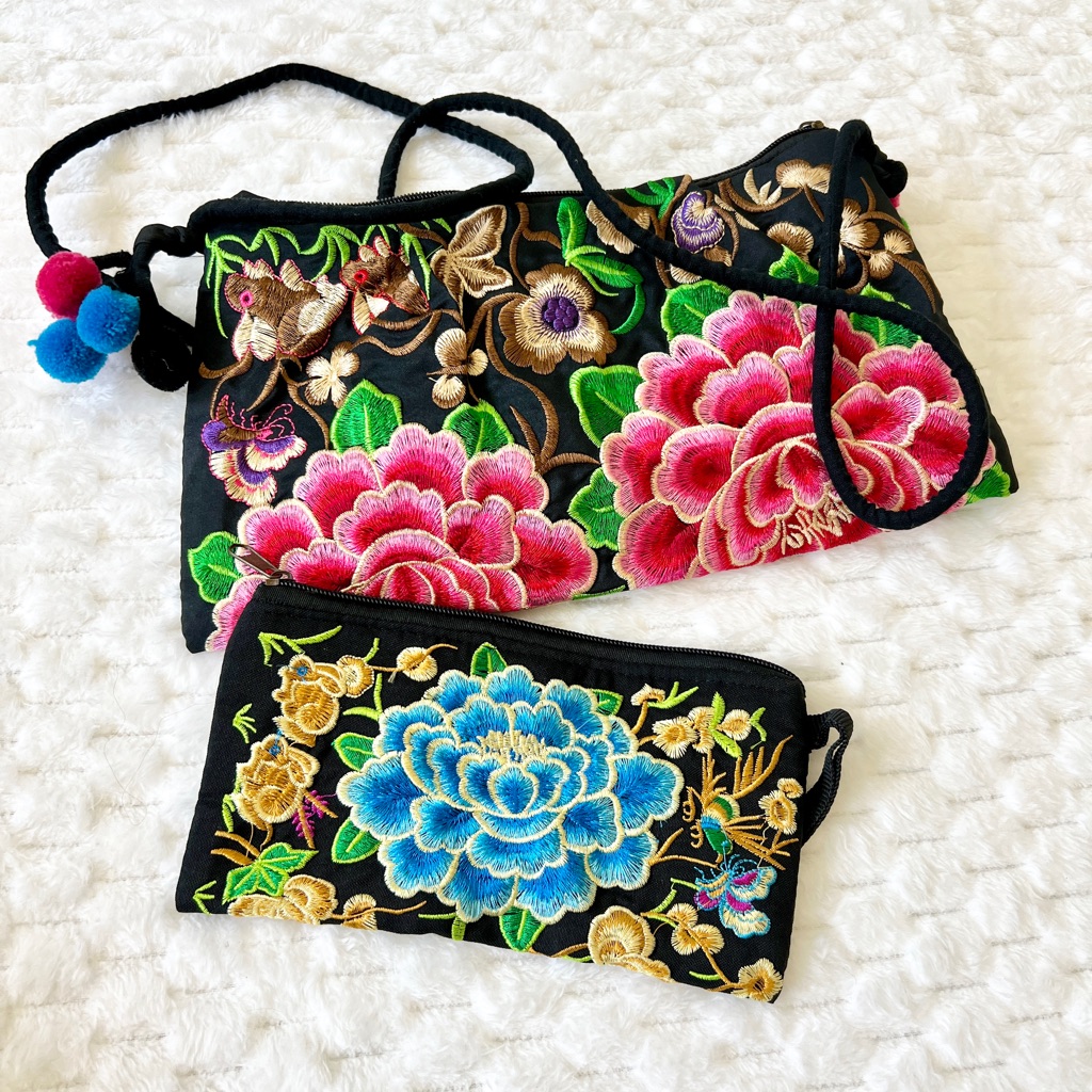 Embroidered Pom Poms Long Shoulder Bag/Crossbody Purse And Wristlet Nwot